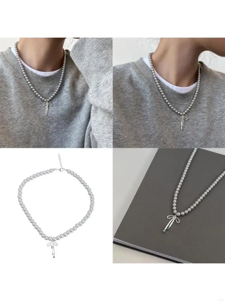  Fashionable Choker with Pendant Graceful Bowknot  Pendant Choker Necklace with Gray Pearls Neck Jewelry Accessories