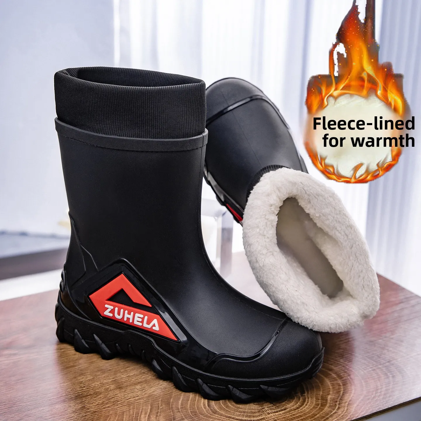 Thick Bottom Rain Boots Men's Mid-Calf Winter Warm Anti-Slip Wear-Resistant Hiking Work Water Shoes PVC Upper Wave Pattern