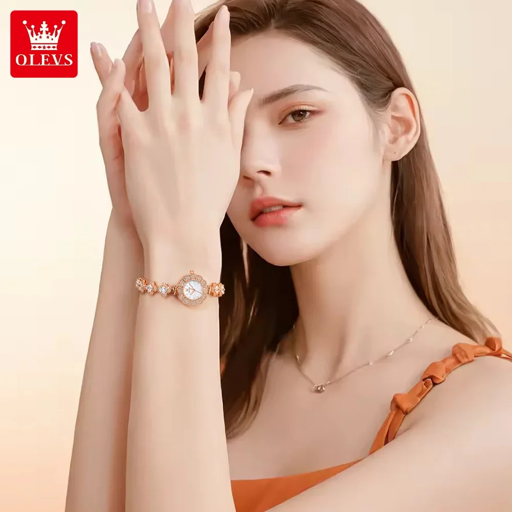 OLEVS, relojes ligeros de cuarzo de lujo para mujer, reloj de pulsera de acero inoxidable de oro rosa a la moda para mujer, reloj de pulsera con cadena de diamantes resistente al agua,reloj mujer