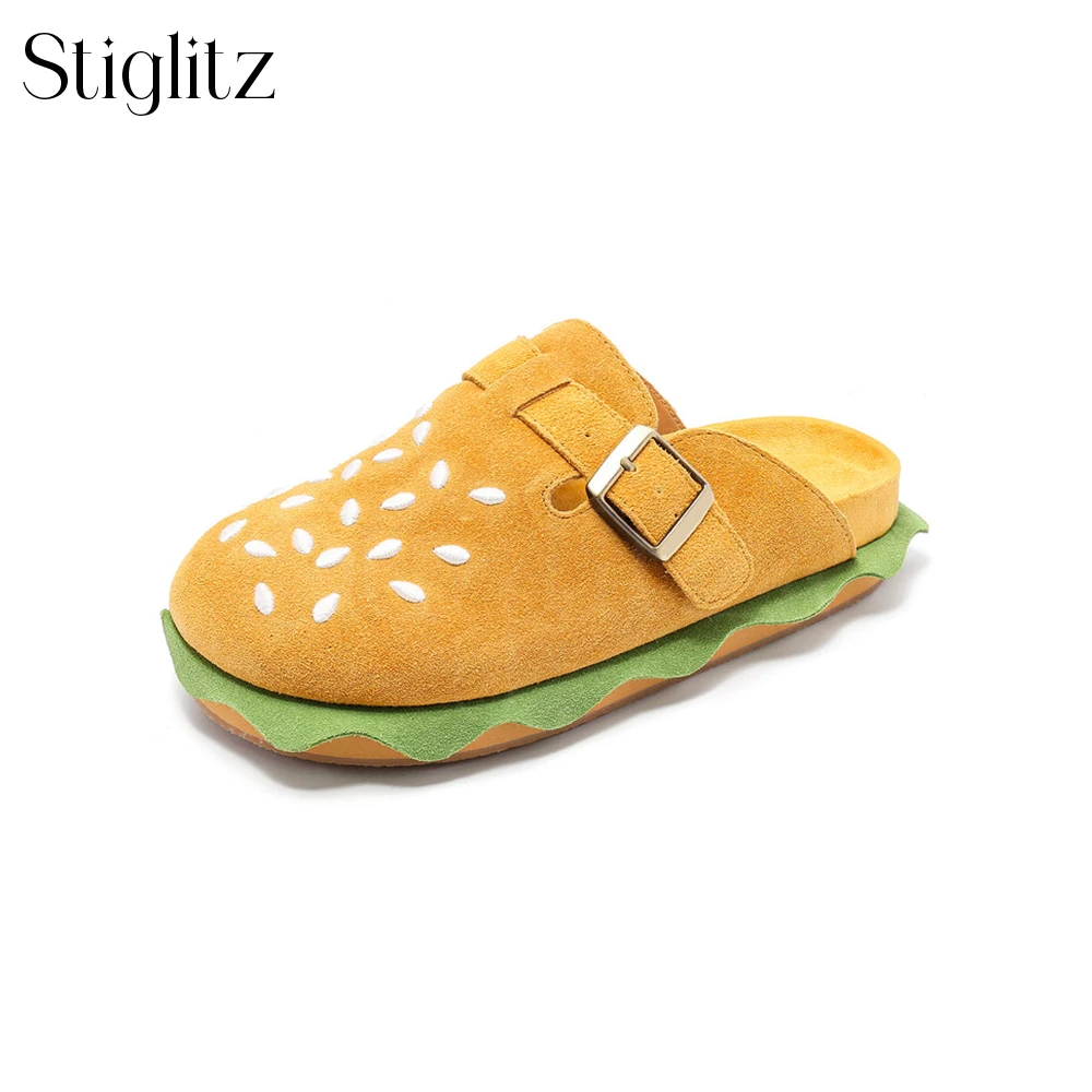 Pantofole per Hamburger per uomo novità stile Designer muli in pelle scamosciata calzature Slip-On Creative chiusure metalliche pantofole nuovi