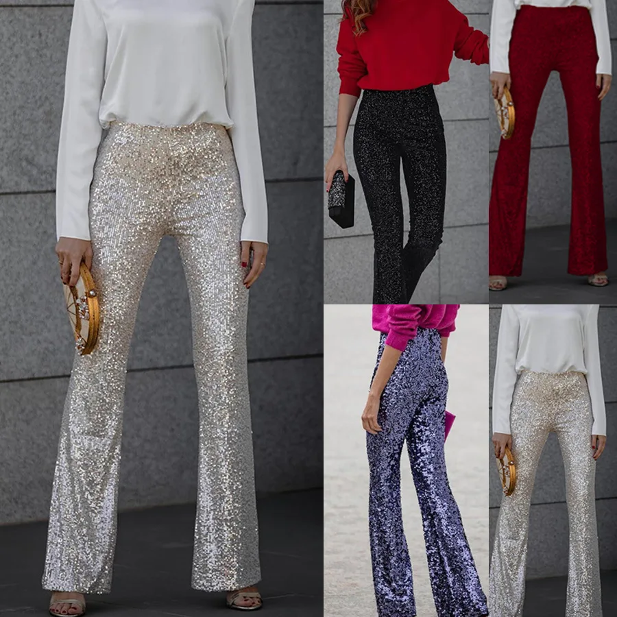2024 New Sequin Elastic High Waist Flared Pants Bodycon Party Trousers Plus Size Multi Color