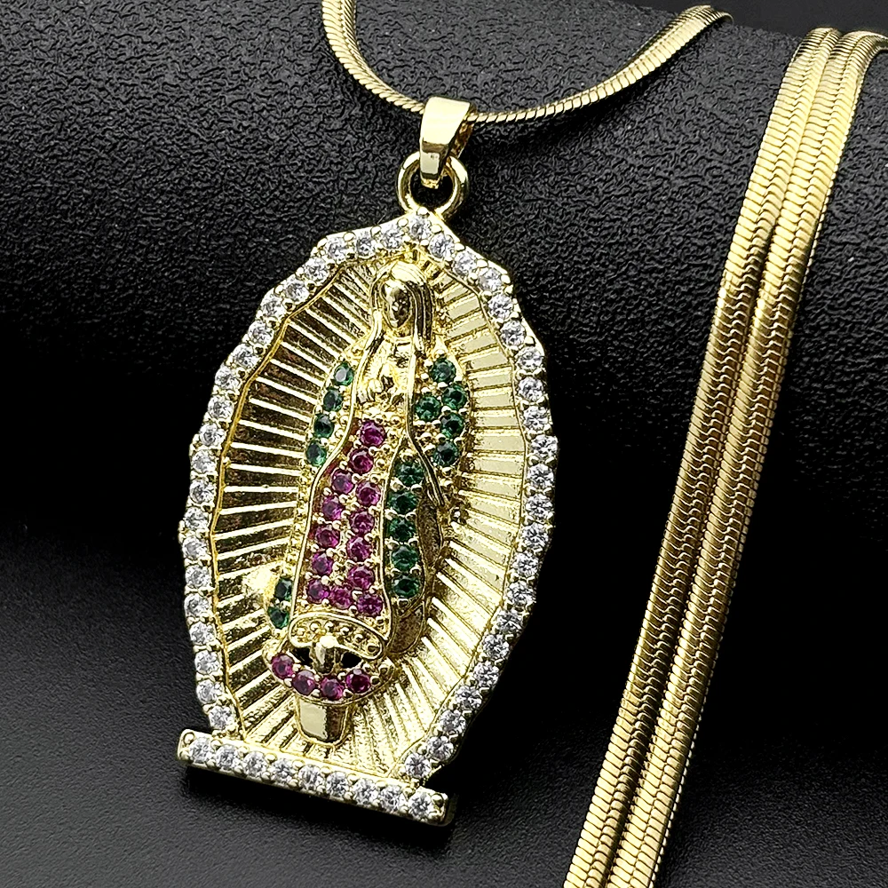 Catholic Virgin Mary Zircons Copper Pendant Necklace for Women Men Stainless Steel Gold Color Our Lady of Guadalupe Jewelry