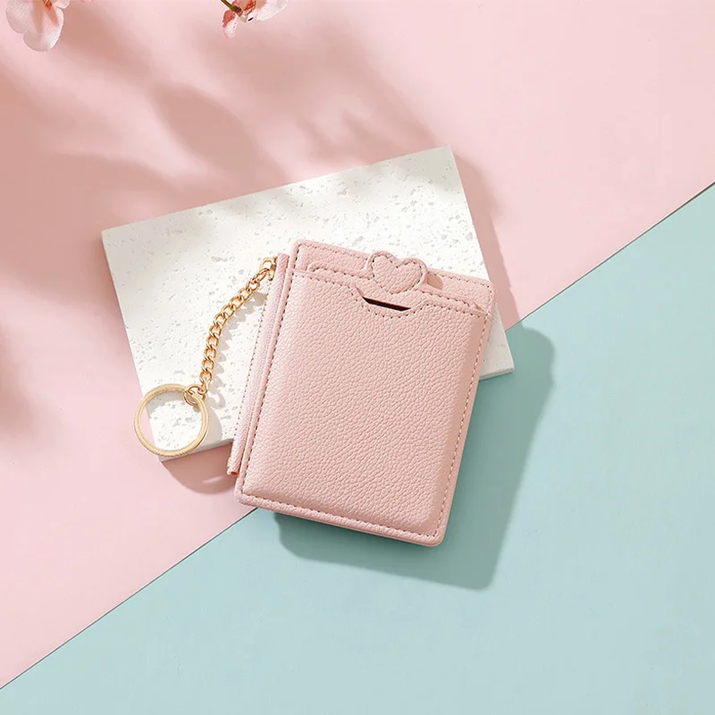 Soft Pink Heart Card Holder, Portable Slim Mini Coin Purse for Student Bus & Bank Cards