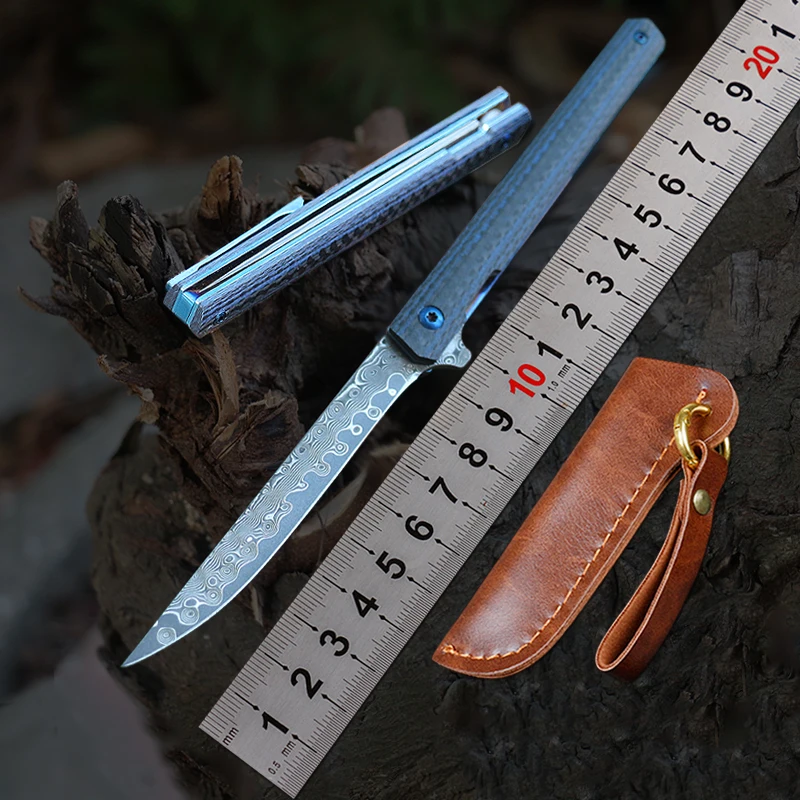 

Free Wolf Folding Knife VG 10 Maersk Blue Carbon Fiber G10 with Leather Sheath Outdoor Camping Fishing EDC Knife