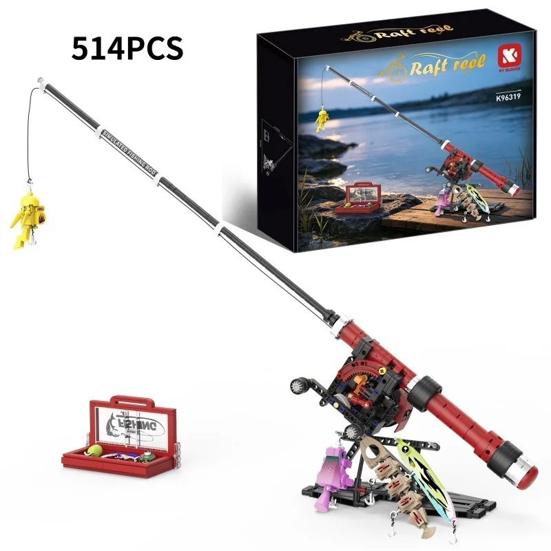 5 Types Fun Fishing Game Building Blocks Set Realistic Fishing Pole & Bait Bricks Model DIY Assembly Toy for Adults Collection