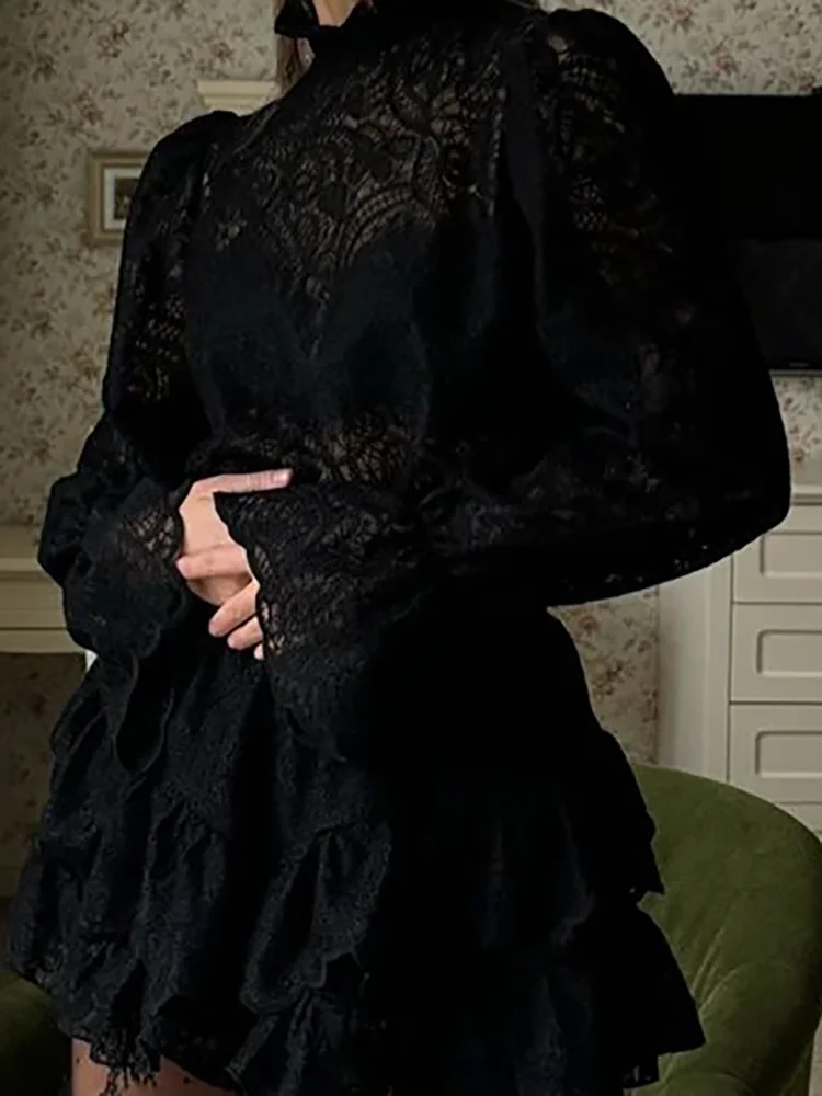 

Lace Perspective Design Party Outfit New Spring Fashion 2 Piece Set Elegant Stand Collar Lantern Sleeve Top and Mini Skirt Suit