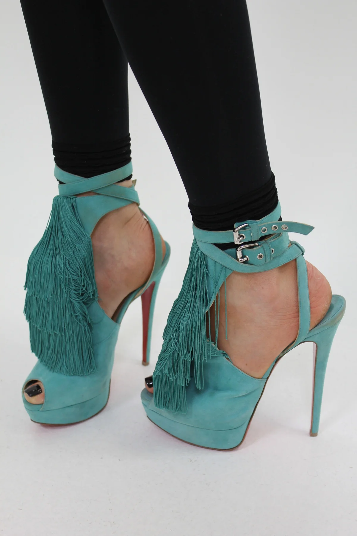 Women Summer Blue Suede Fringe Ankle Strap Peep Toe Platform Stiletto Heel Sandals, Buckle Wrap Around High Heels 44