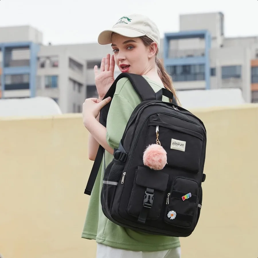 Grand sac à dos pour ordinateur portable étudiant pour femmes adolescentes noir