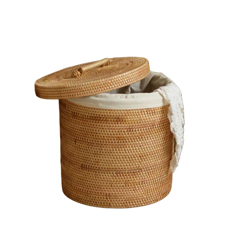 2024 New Arrival Round Portable Plant Woven Basket Household Rattan Laundry Basket With Lining And Lid