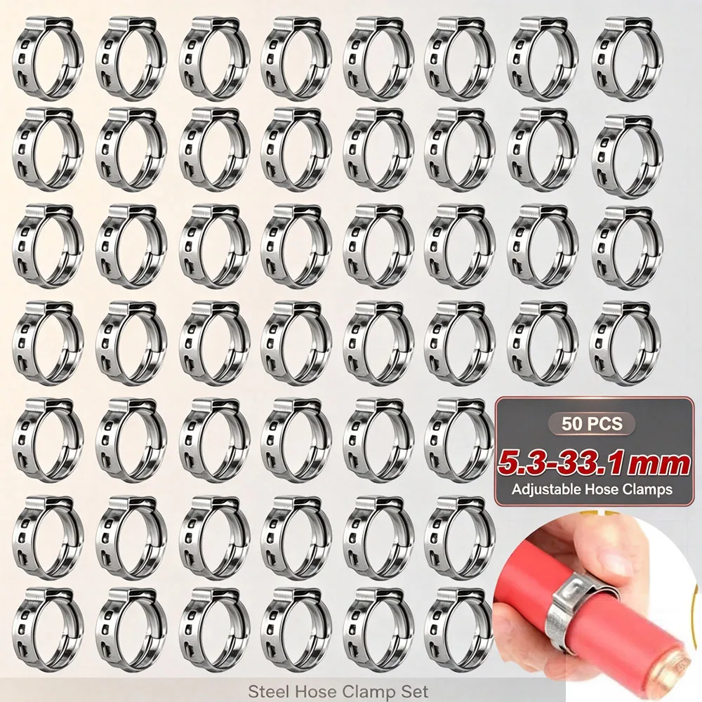 50pcs Hose Clamps Single Ear Stepless 5.3mm-33.1mm 304 Stainless Steel Hose Clamps Cinch Clamp Rings for Hose Pipe Clamp Tools