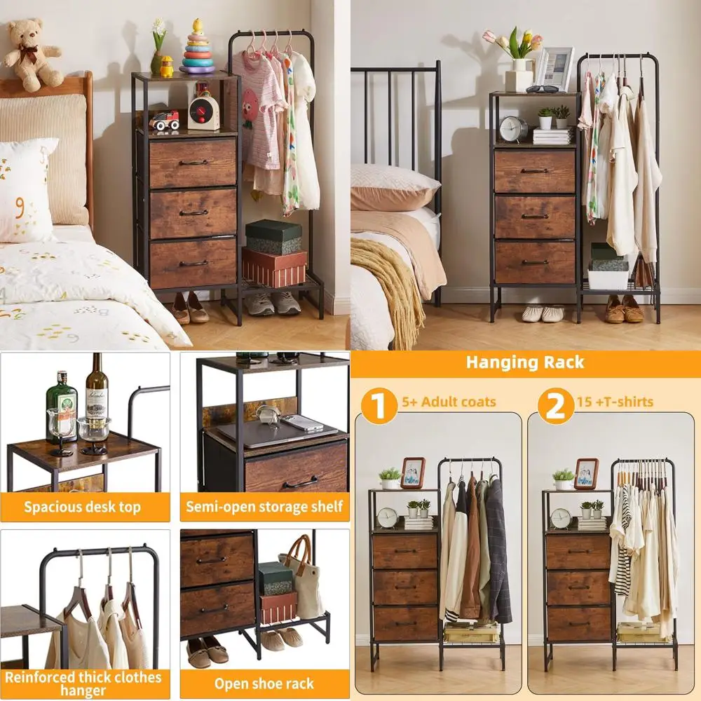 

4-ярусная вешалка для одежды в деревенском стиле, коричневая, с 3 тканевыми ящиками, вешалкой для пальто и полкой для обуви, для небольших помещений