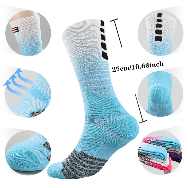 3 Pairs Basketball Socks Men Gradient Crew Running Socks Mid Tube Thick Towel Breathable Training Soccer Football Sports Socks