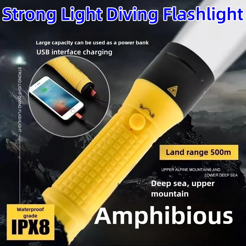 Powerful Diving Flashlight 800LM Rechargeable LED Torch Waterproof IPX8 Built-in Battery Submarine at Night Focus Long Lantern