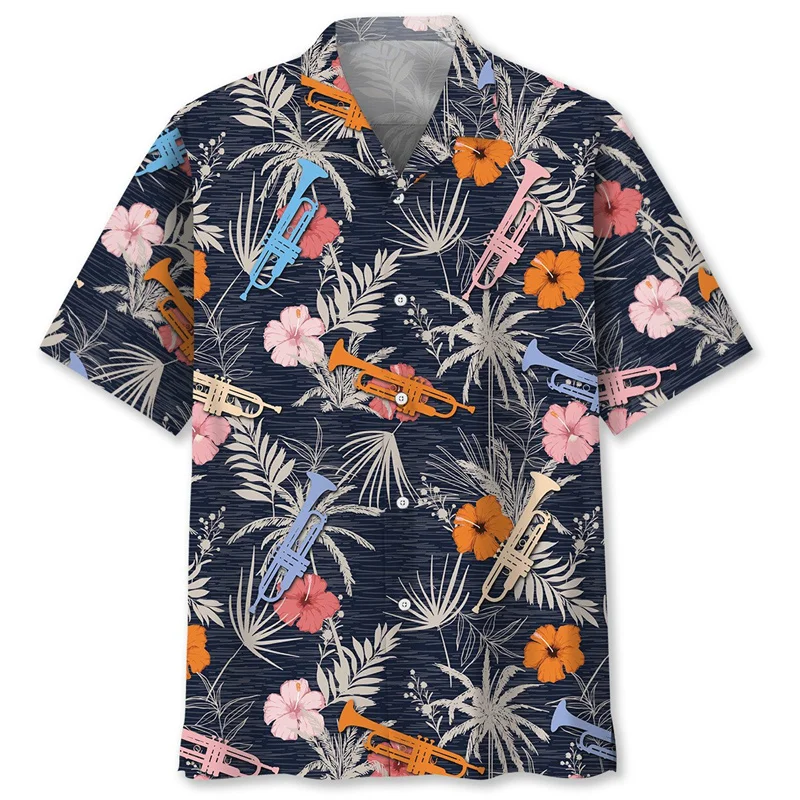 Guitar Trumpet Graphics Hawaiian Shirts For Men 3D Printed Musical Instrument Short Sleeve Button Blouse Oversized Lapel Shirt