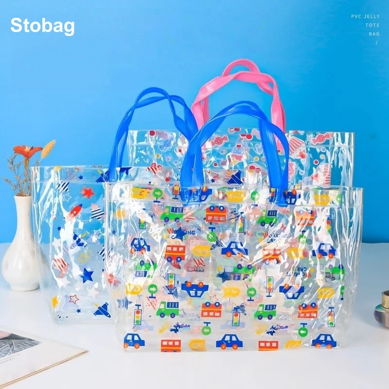

StoBag 2pcs Cartoon Transparent PVC Tote Bag Kids Clear Shopping Handbag Waterproof Plastic Packaging Storage Reusable Pouch