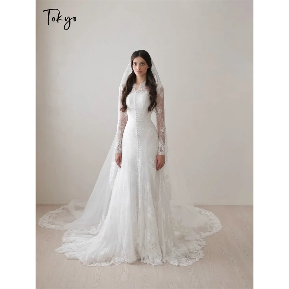 Tokyo High Neck Long Sleeve Full Lace Wedding Dress Button Front Bridal Gown Mermaid Prom Gown For Church Wedding Reception 2026