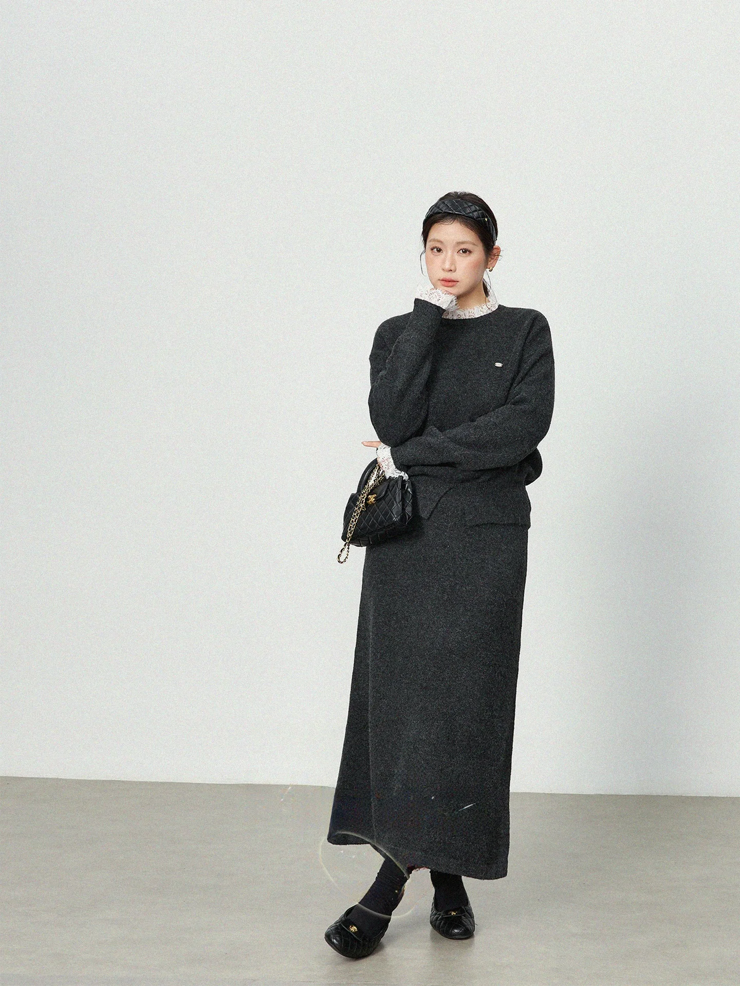 

plus Size Korean Sle Knitted Set Women's Early Spring Slimming High Waist Skirt Long Sve round Ne Two Piece Suit
