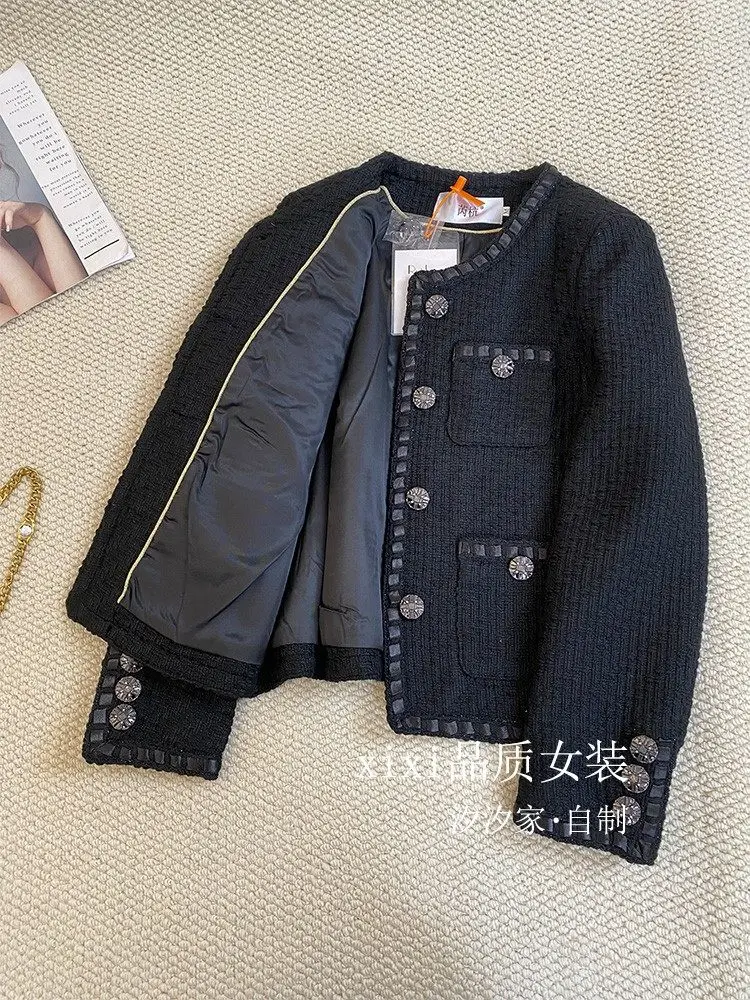 New Black jacket with high-end temperament and exquisite weaving with wool short top coat