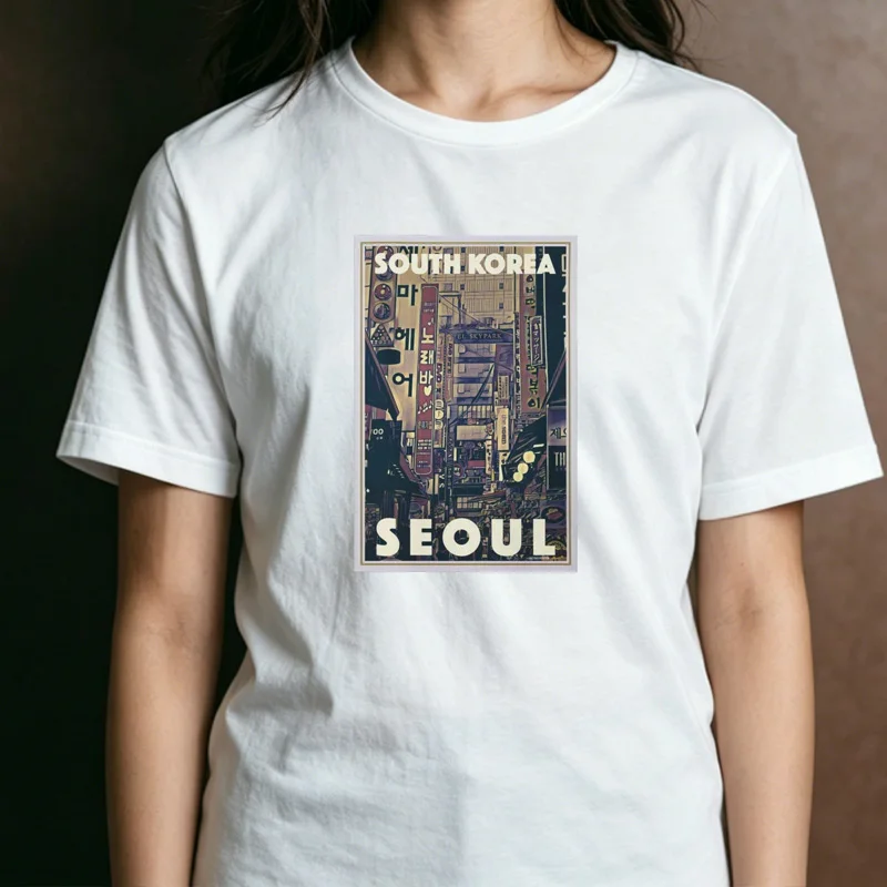 Unisex Vintage Seoul City Street Poster Graphic T Shirt South Korea Retro Urban Daily Streetwear Top