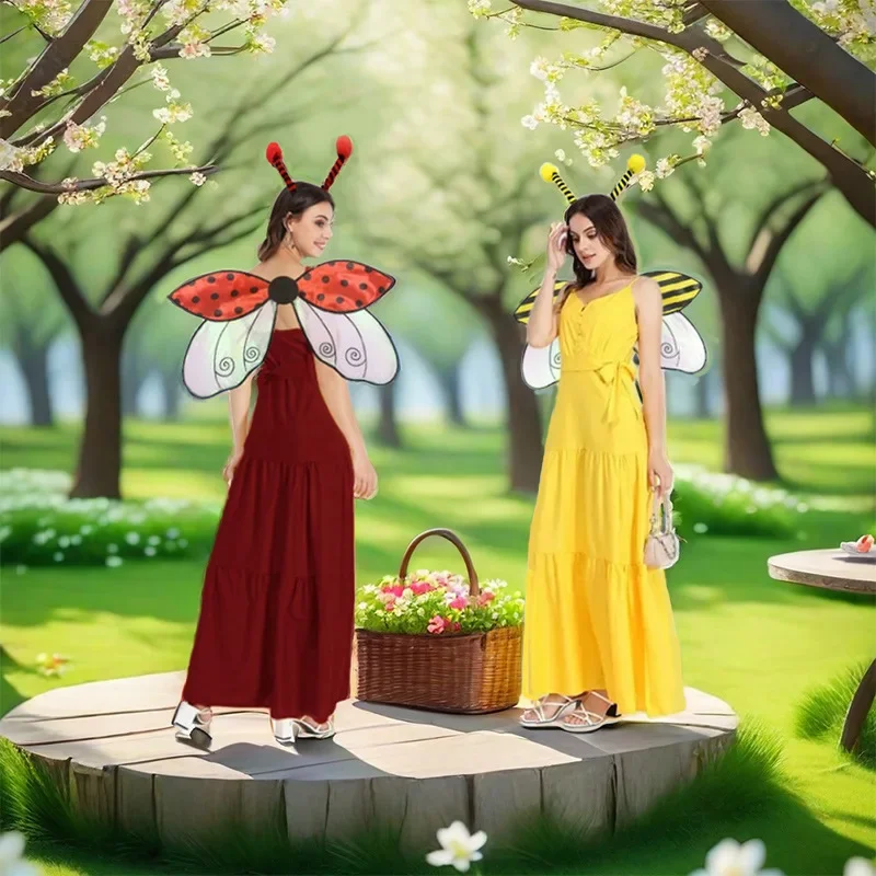 2 piece set Yellow Bee Red Ladybug Cosplay Wings Halloween Girls Bee Headband Wings Funny Dress Fairy Props Set for Kids Adult