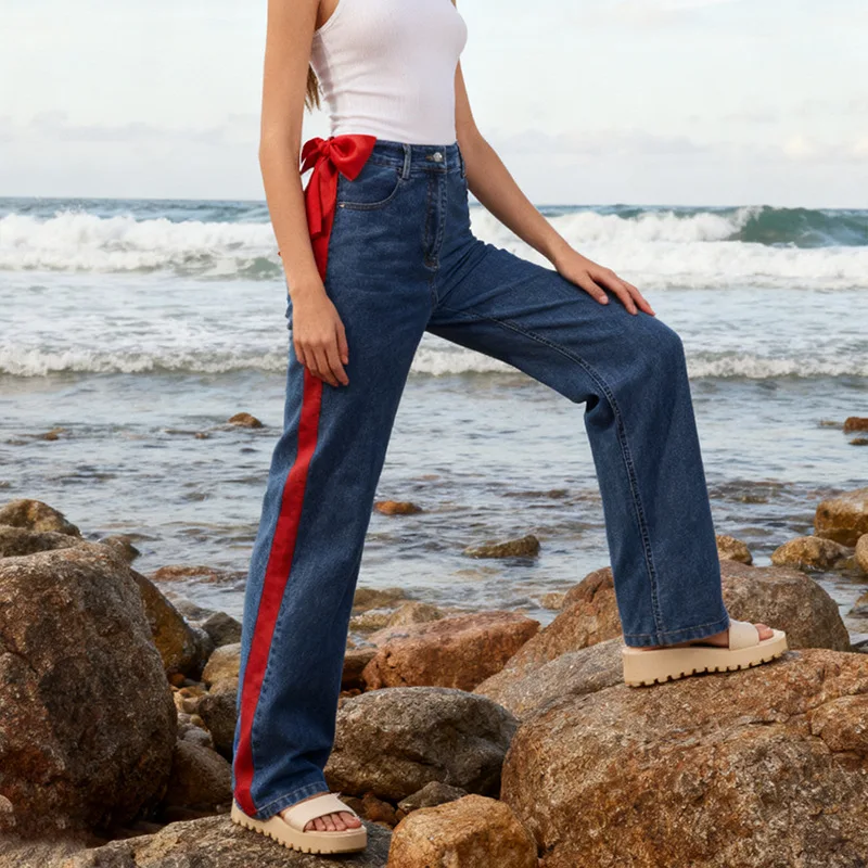 ANJY Spring Autumn New Women French Style Contrast Color Slim Straight Chic Jeans Fashion Patchwork Bow Niche Denim Pants A25579