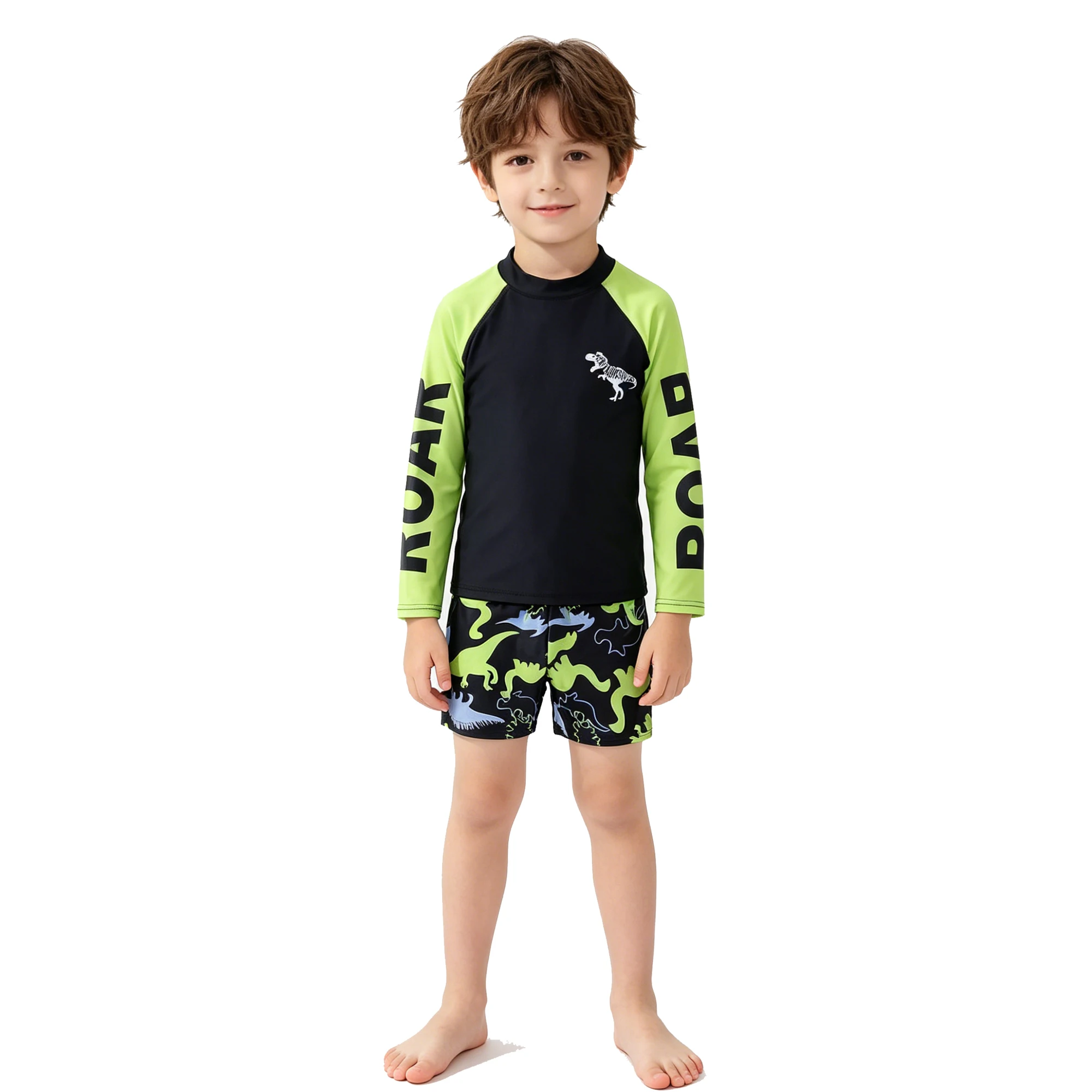 Kids Boys Dinosaur Print Swimsuit 2-Piece Swimsuit Rash Guard Set Long Sleeve Quick Dry Swimwear Bathing Suit for Toddler 2-10Yr