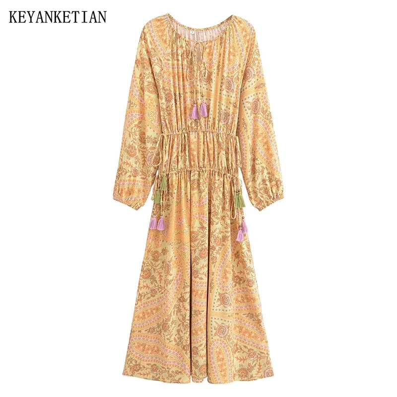 

KEYANKETIAN 2024 New Launch Bohemian Matching Position Print Women's Viscose Dresses Fringe Lace Decoration Loose Ankle Dress