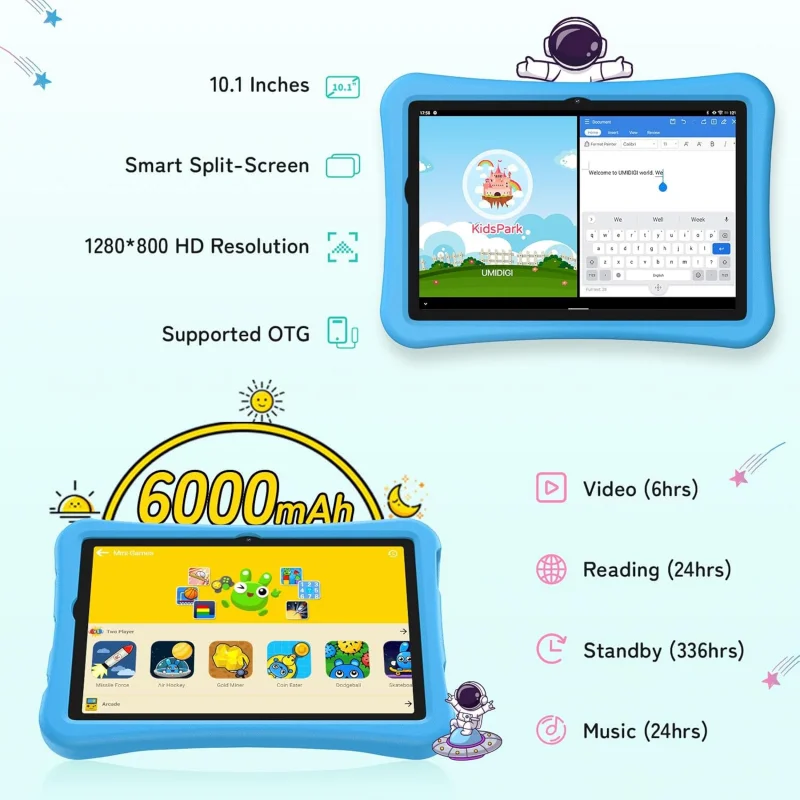 Tablet dla dzieci UMIDIGI 10,1 cala Android 13 dla dzieci J11 Tab 4 GB RAM 64 GB ROM Octa Core do 128 GB Stojak na prezenty Silikonowe etui Type-C