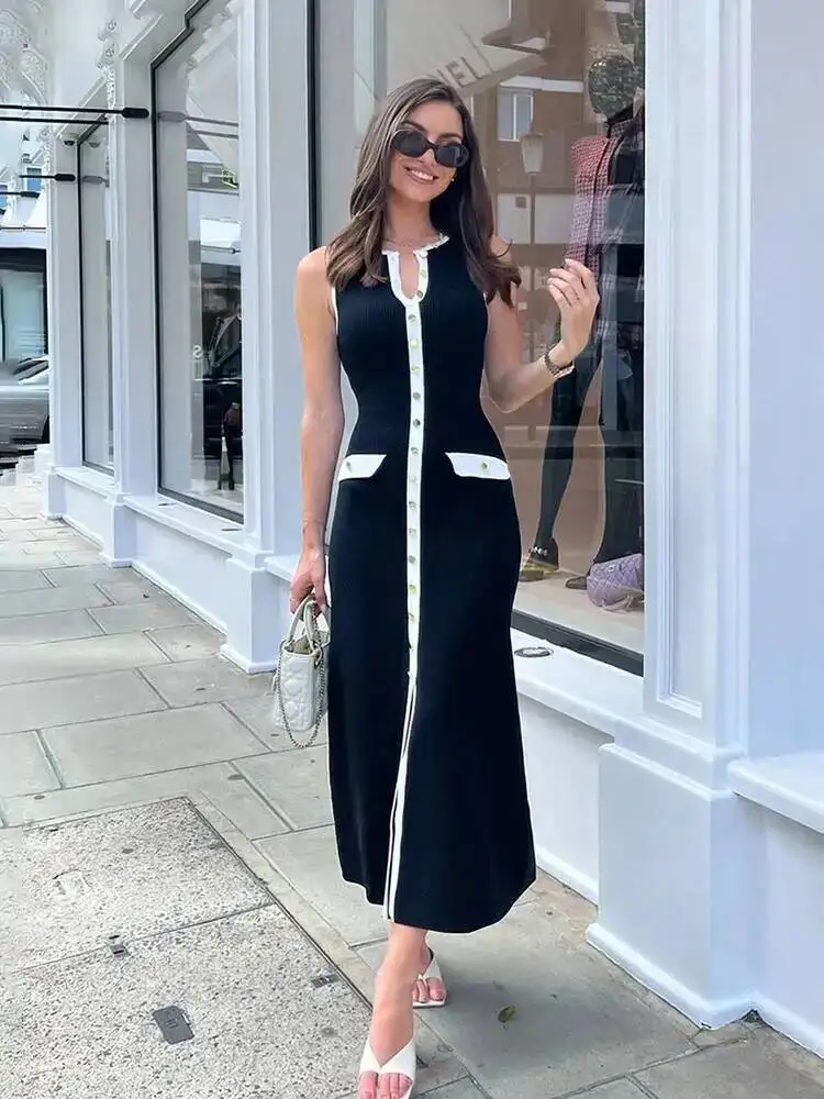 أنيقة بلا أكمام واحدة الصدر مضلع تريكو فستان طويل للنساء عالية الخصر Bodycon محبوك وهمية جيب فستان جديد