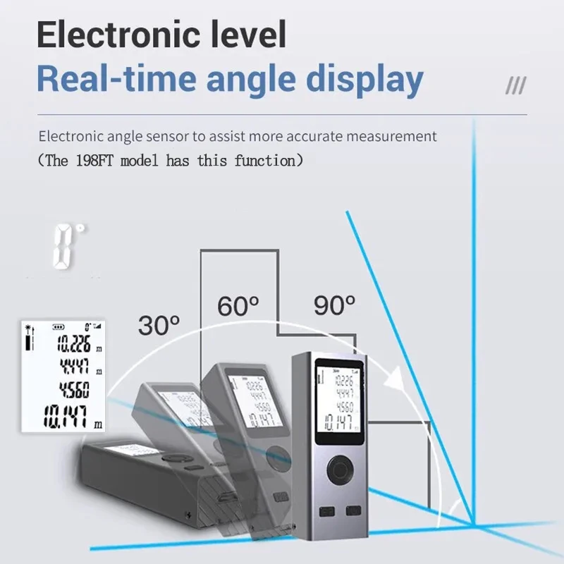 Mini Laser Rangefinder Digital Tape Measure Laser Ruler USB Charge Aluminum Alloy Fuselage Measuring Distance: 30/50/60m