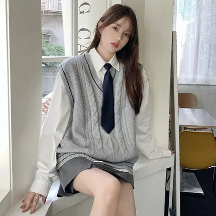 เสื้อกั๊กไหมพรมถักสำหรับผู้หญิง สไตล์ลำลอง ชุดสองชิ้น แฟชั่นใหม่สำหรับฤดูใบไม้ร่วง สไตล์นักศึกษา เสื้อคลุม