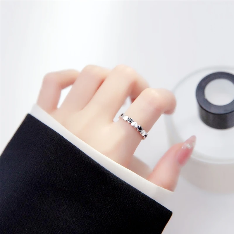 925 Sterling Silver Black Zircon Heart Sweet Shiny Female Resizable Opening Rings RI1091