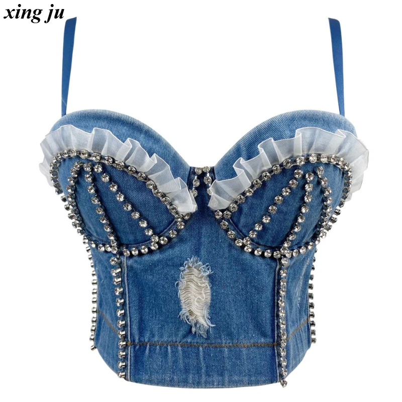 

Xing Ju Women Jazz Dance Sexy Lace Rhinestone Crop Tops Summer Fashion Sleeveless Corset Blue Denim Vest Nightclub DJ Stage Wear