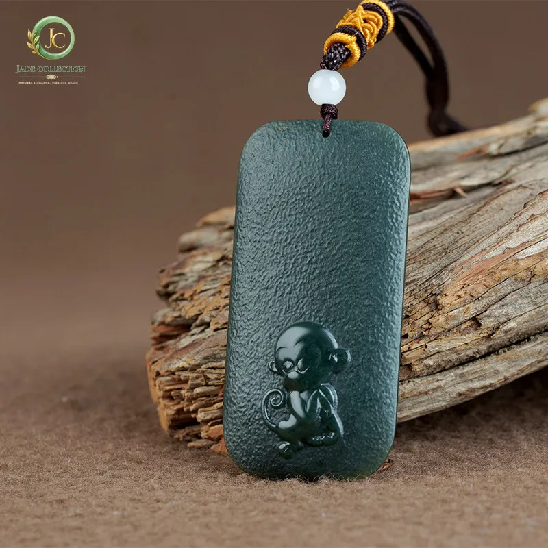 Hetian ink sapphire seed material zodiac monkey pendant, men's and women's natural jade, safe and sound brand pendant, jade pend