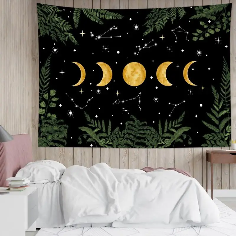 VIKAMA Moonphase Constellation Tapestry Bohemian Starry Sky Forest Wall Hanging Bedroom Dormitory Home Decoration