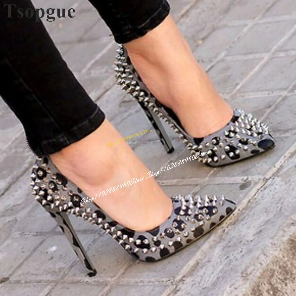 

MIxed Color Flock Leopard Print Rivet Pumps Thin High Heel Shoes For Women Slip On Pointed Toe 2024 Fashion Zapatos Para Mujere