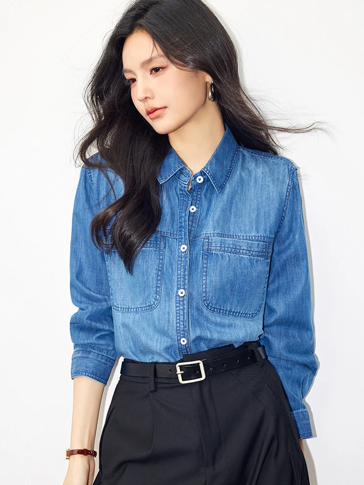 2024 Autumn Denim Shirt Women Fashion Harajuku Retro Shirt Korean Commuter Ladies Lapel Collar Long Sleeve Blouses