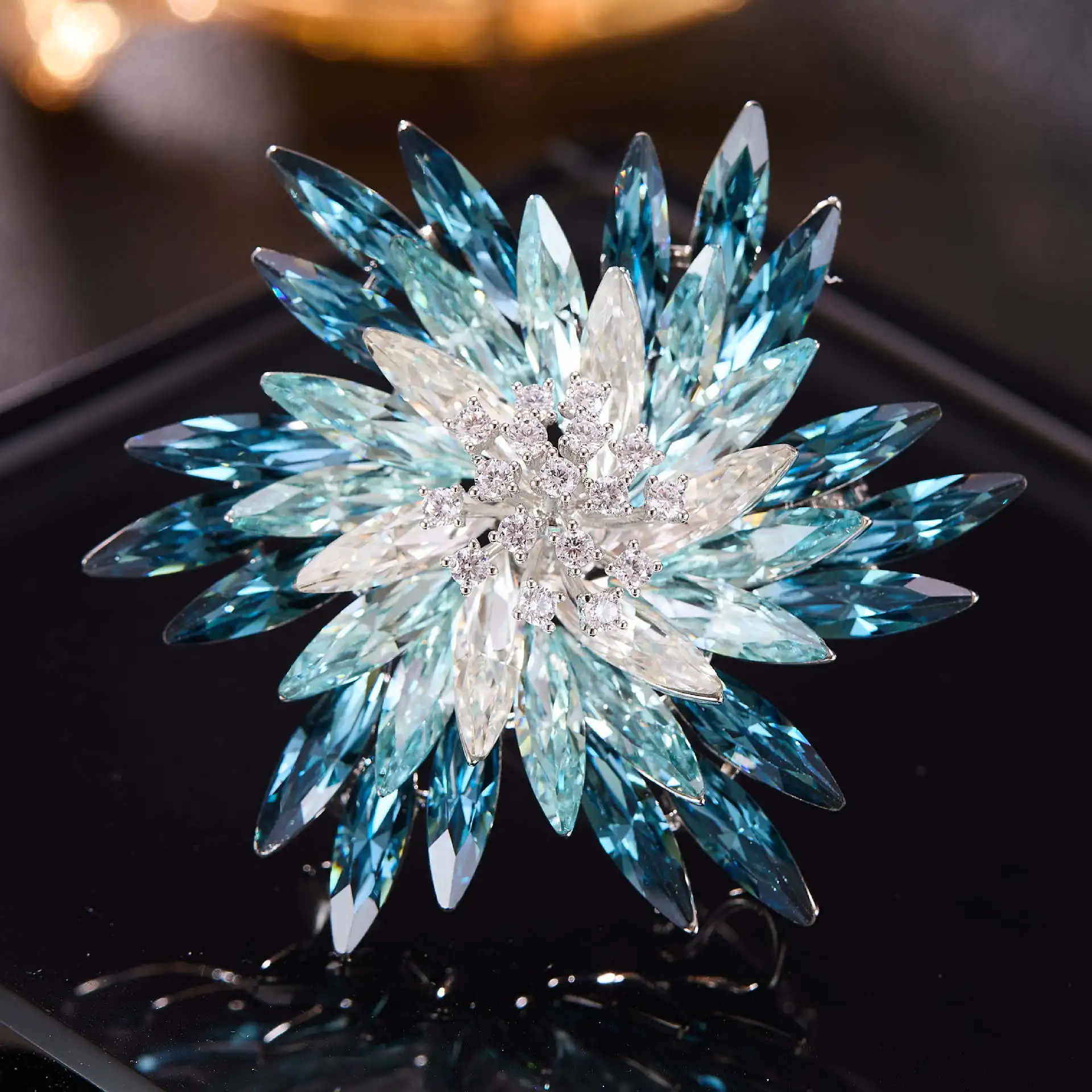OKILY Shining Synthetic Crystal Snowflake Brooch Elegant Multi-layer Gradual Change Flower Pin and Broche Dinner Dress Accessori