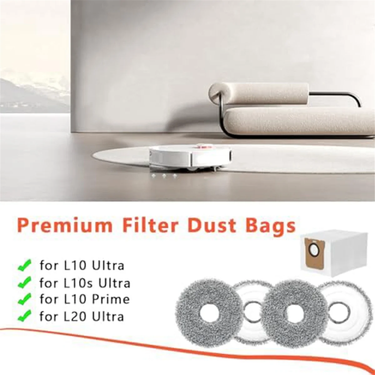 كيس غبار ممسحة قماش لـ Dreame L10S Ultra L10 Ultra L10 Prime L20 Ultra، 6 أكياس مكنسة كهربائية وسادات ممسحة مبللة