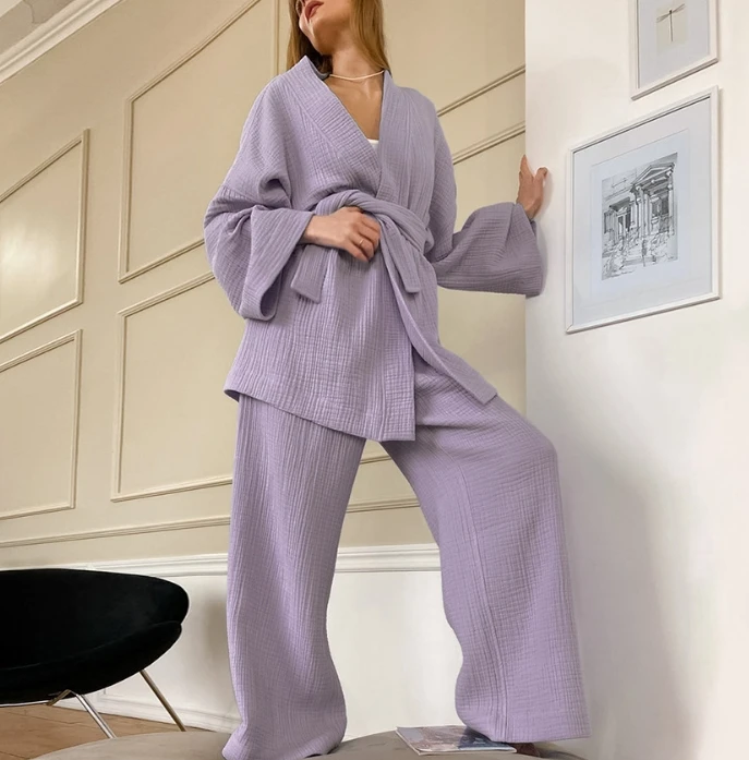 Women Pajama Robe Pants Sets 2024 Autumn Winter Flare Sleeve Double Layer Oversize Top Lace Up High Waist Wide Leg Pants Set