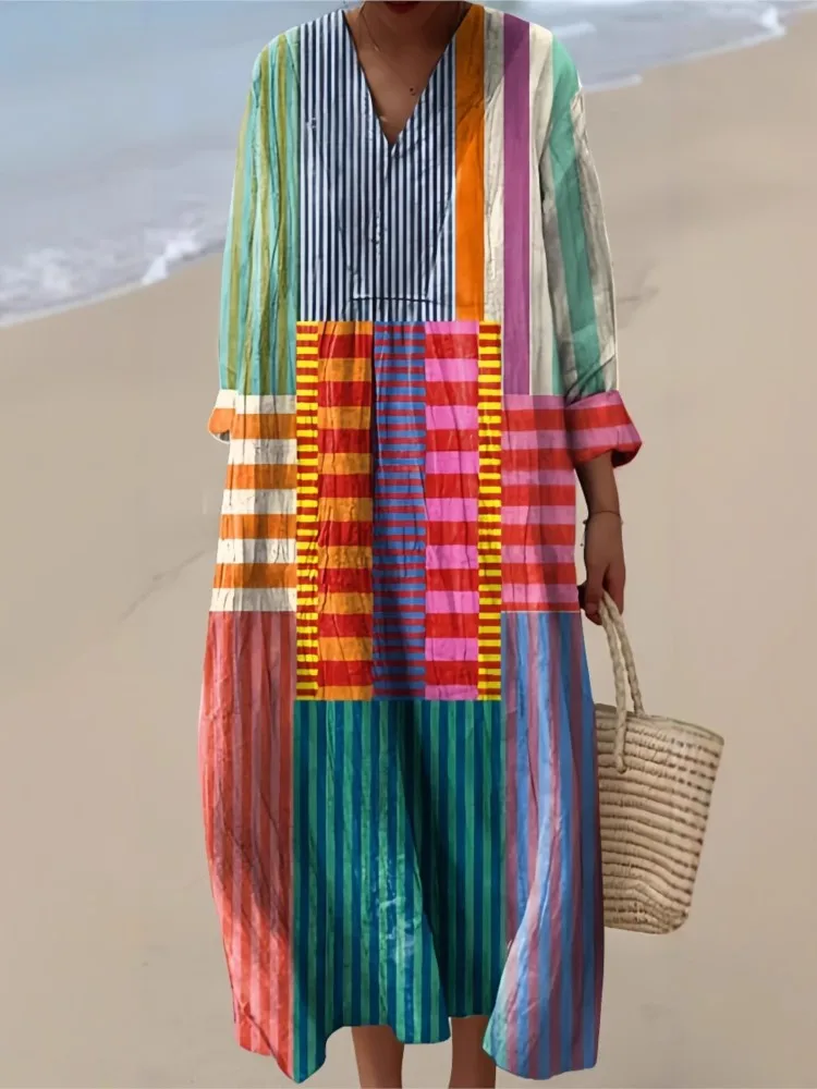 Sukienka koszulowa z długim rękawem damska codzienna z nadrukami wiosenna jesienna elegancka sukienka na imprezę wakacyjna z dekoltem w serek dla kobiet Robe Femme