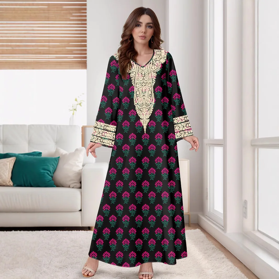 Hurtownia muzułmańskiej odzieży Abaja, bliskowschodnie arabskie damskie sukienki z dekoltem w serek, długim rękawem i długimi spódnicami, modne sukienki Abaja z nadrukiem.