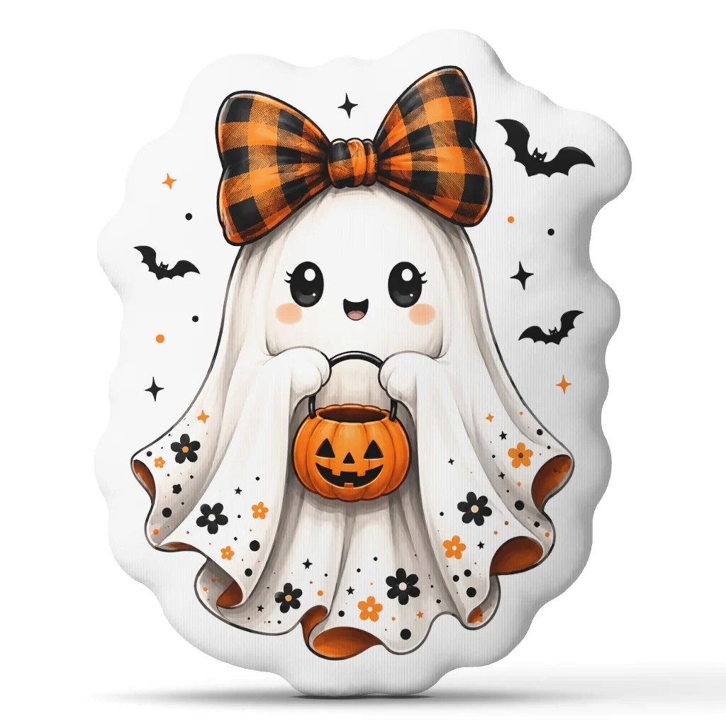 Cute Ghost Halloween Pumpkin Buffalo Plaid Plush Pillow Cushion Irregular Stuffed Throw Pillow Home Decor Gift Sofa Bed Couch