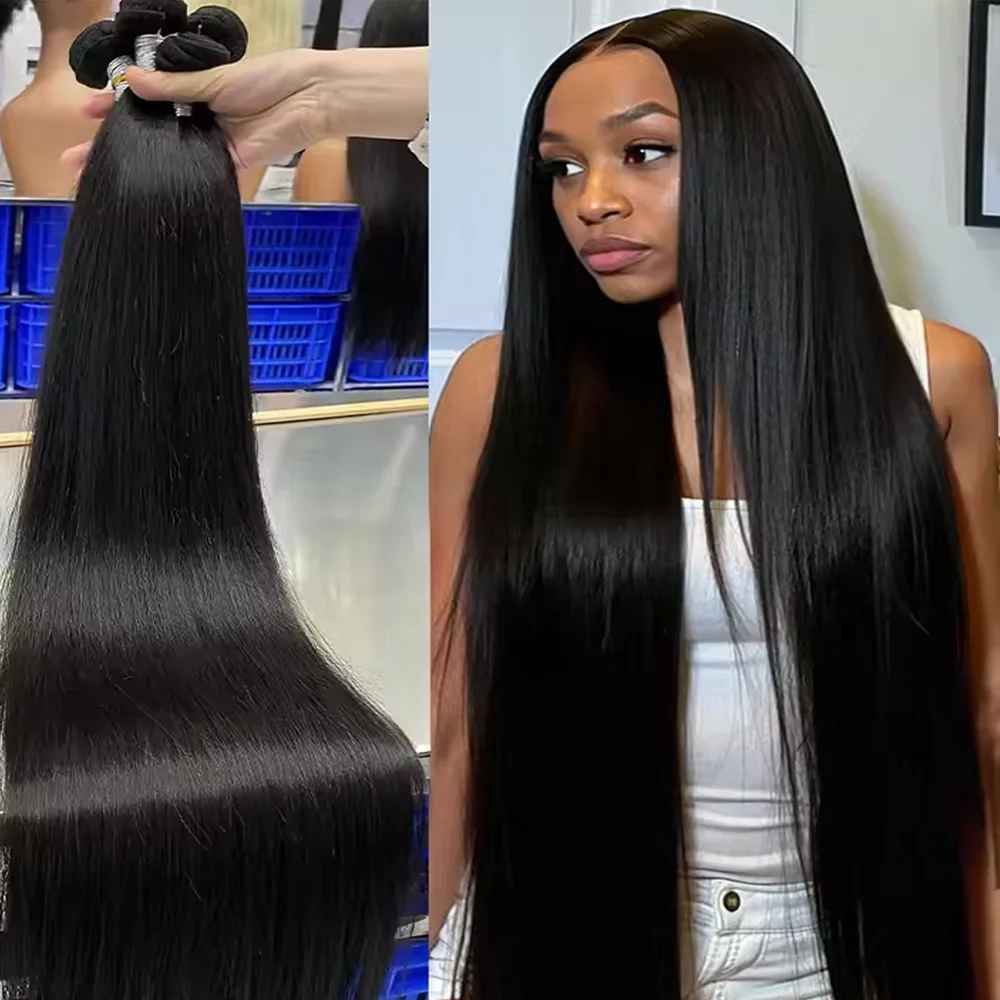 

42-дюймовые прямые пучки человеческих волос с костями, необработанные наращивание волос, бразильский натуральный черный, 1, 3, 4 комплекта предложений, необработанные