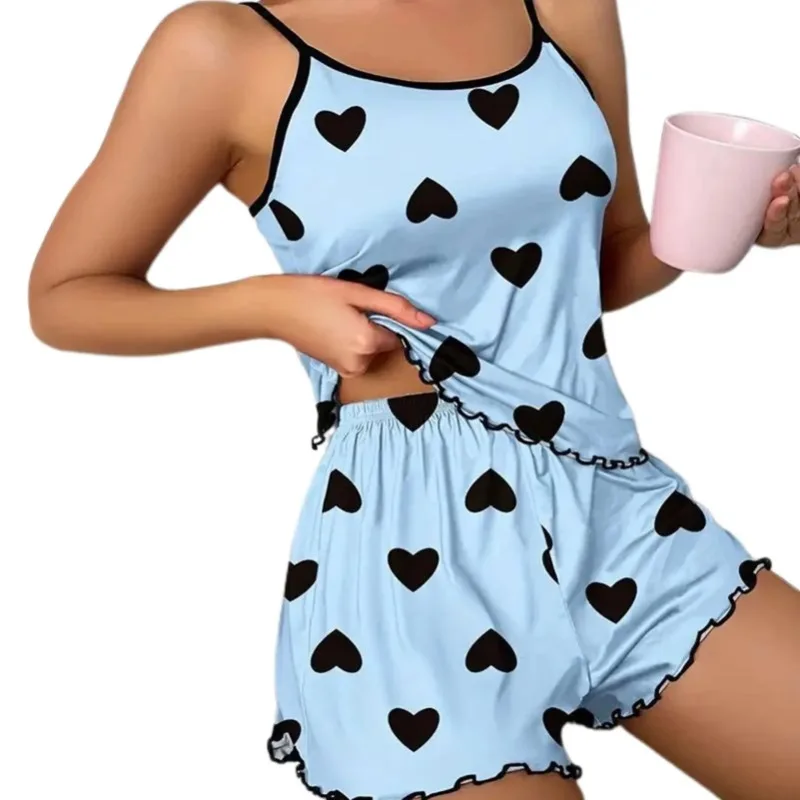 Women Satins Pajamas Set Cute Sexy Soft Cozy Thin Type Casual Printed Camisole Sleepwear With Shorts For Home Wear Daily Wear