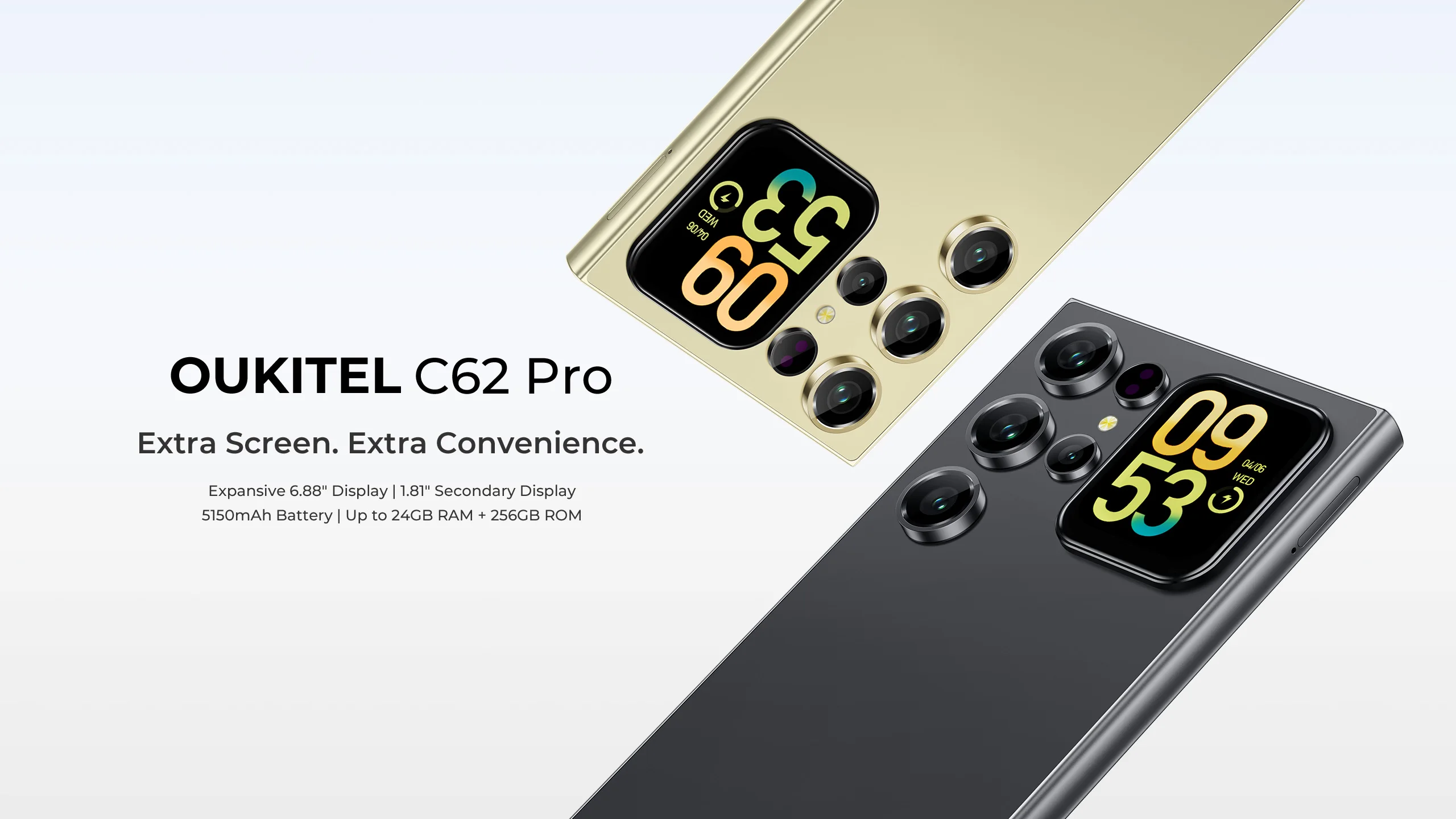 OUKITEL C62 Pro NFC Smartphone Android 15, 6.88" HD+ 1.81" Sub Screen Unisoc T615 Cell Phone, 24GB (6+18) + 256GB, 5150mAh