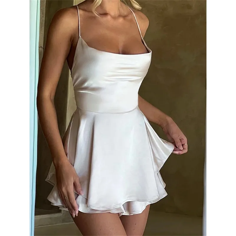 

Elegant Sexy Playsuits Women Spaghetti Strap Low Cut Backless Bandage Ruffle Wide Leg Short Romper Jumpsuit Summer Overalls