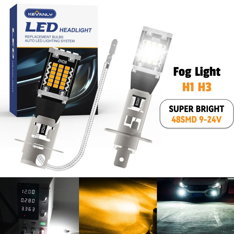 2PCS Car Fog Light 9-24V H1 LED Fog Running Light Bulb H3 LED Super Bright LED Auto Lamp Amber White No Adapter Required DRL