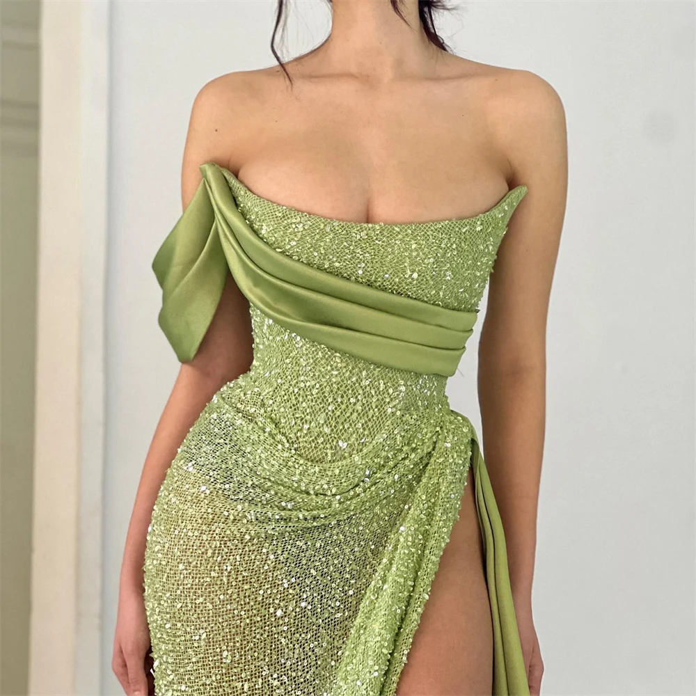 Mint Green Chic Woman Evening Dress Sequin Gown Ball Gown One Shoulder Night Dresses Gown With High Split robes de soirée