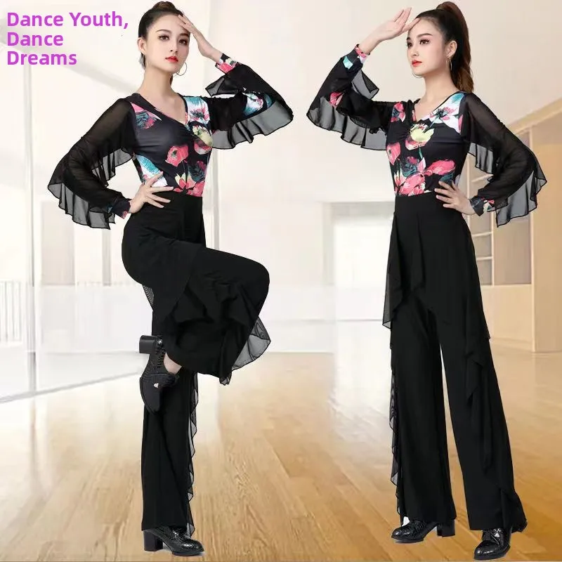 大人女性用ラテンダンス衣装長袖練習衣装スタンダードダンスパフォーマンススクエアダンスユニフォームポリエステル生地